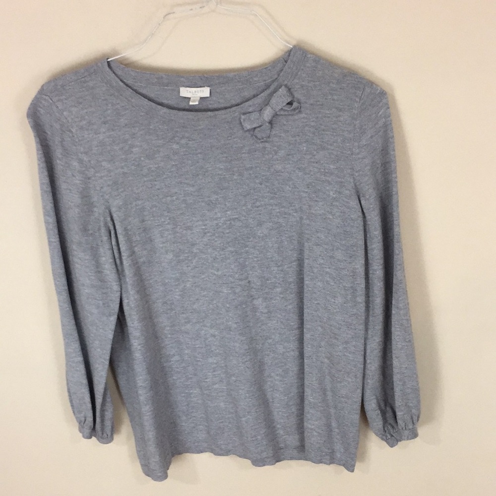 Talbots Factory Gray Lightweight Sweater with Bow and Balloon Sleeves Size L